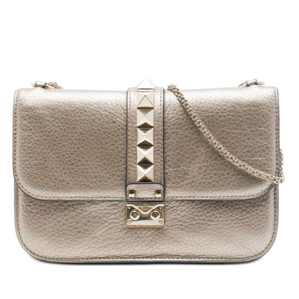 Valentino Medium Metallic Leather Rockstud Glam Lock Crossbody Gold Leather Very good - Front View