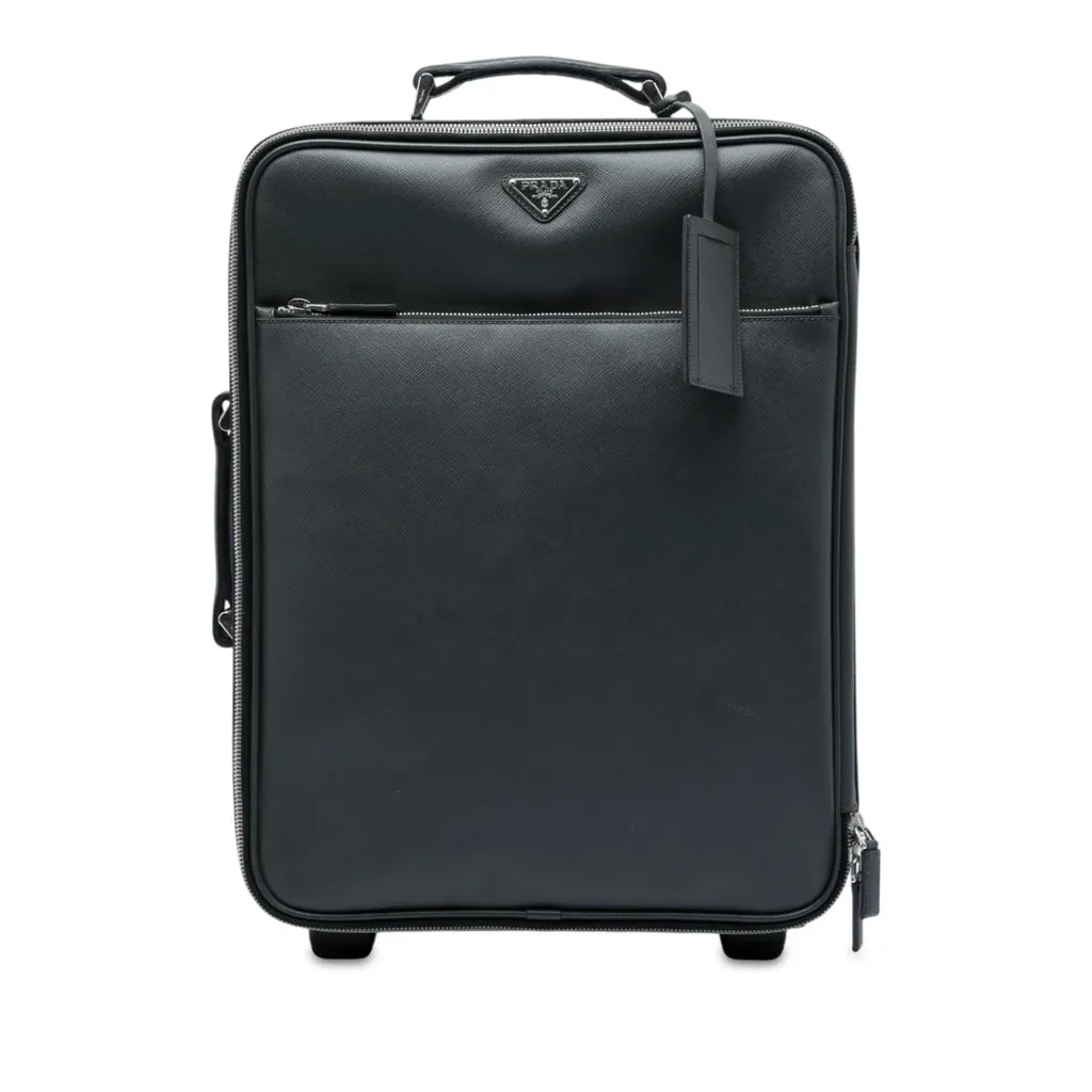 Prada Saffiano Rolling Trolley Suitcase Black Leather Good - Front View