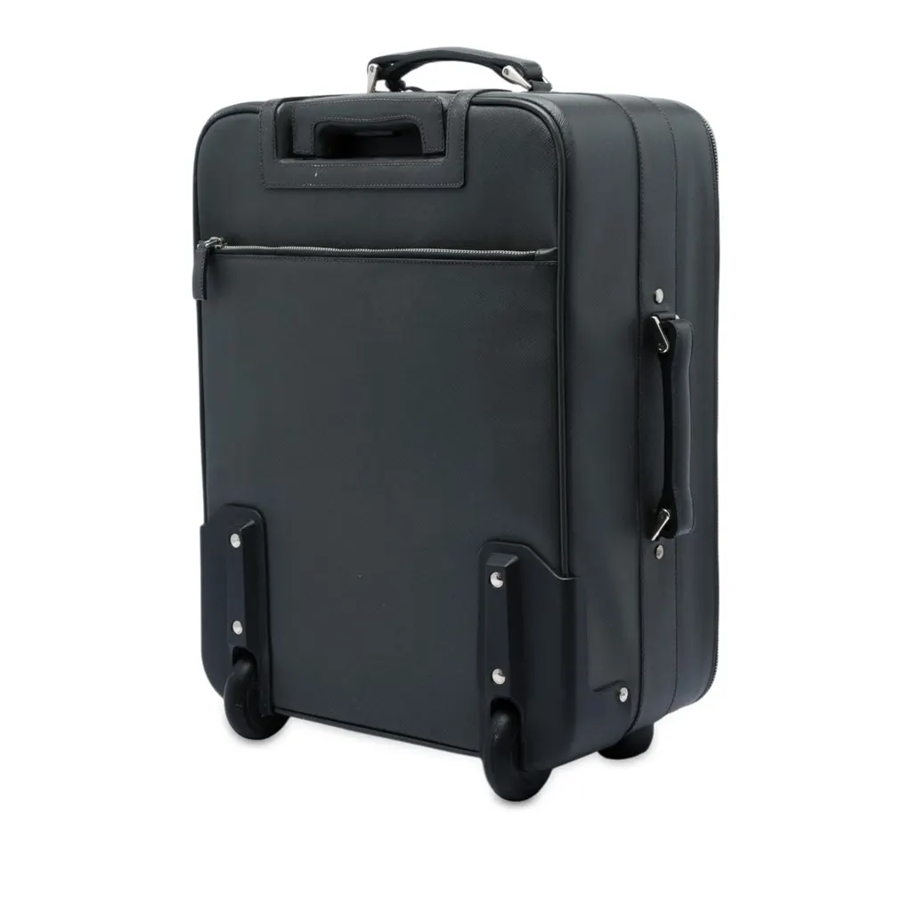 Prada Saffiano Rolling Trolley Suitcase Black Leather Good - Back View