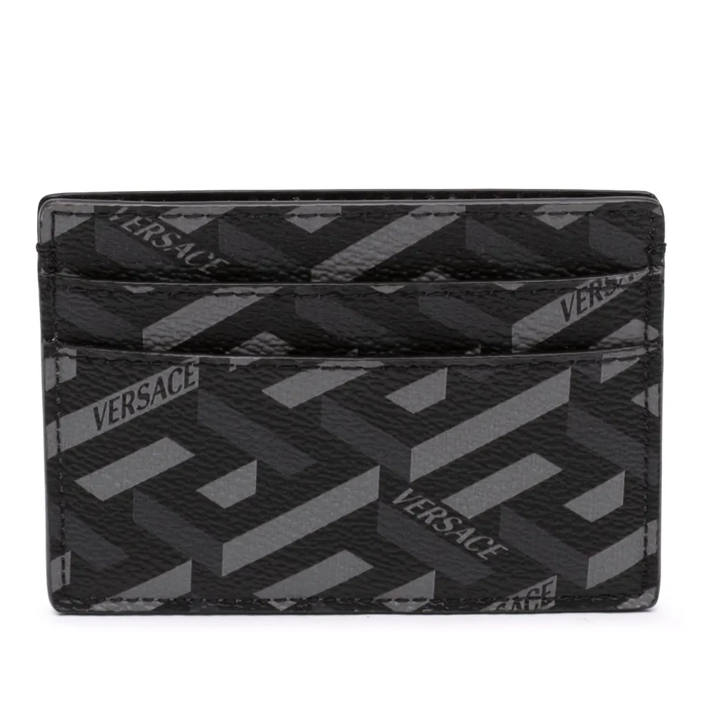 Versace La Greca Coated Canvas Card Holder Black Leather Very good - Front View