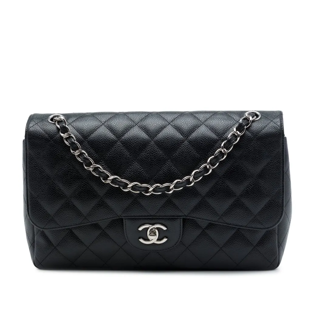 Chanel Jumbo Classic Caviar Double Flap Black Leather Good - Front View
