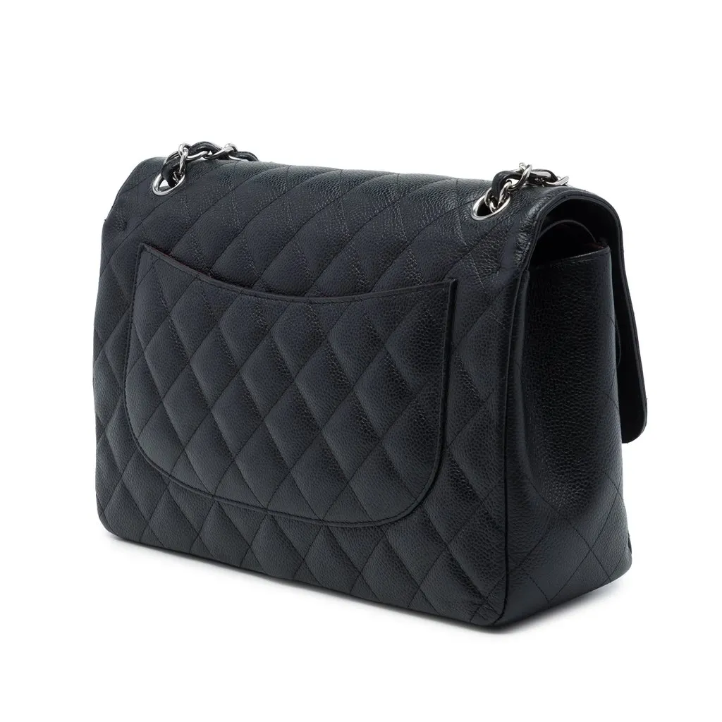 Chanel Jumbo Classic Caviar Double Flap Black Leather Good - Back View