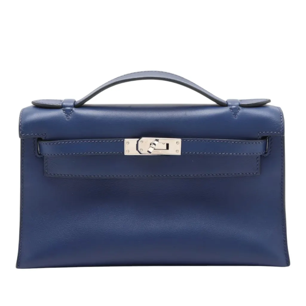 Hermès Swift Kelly Pochette 22 Blue Leather Good - Front View