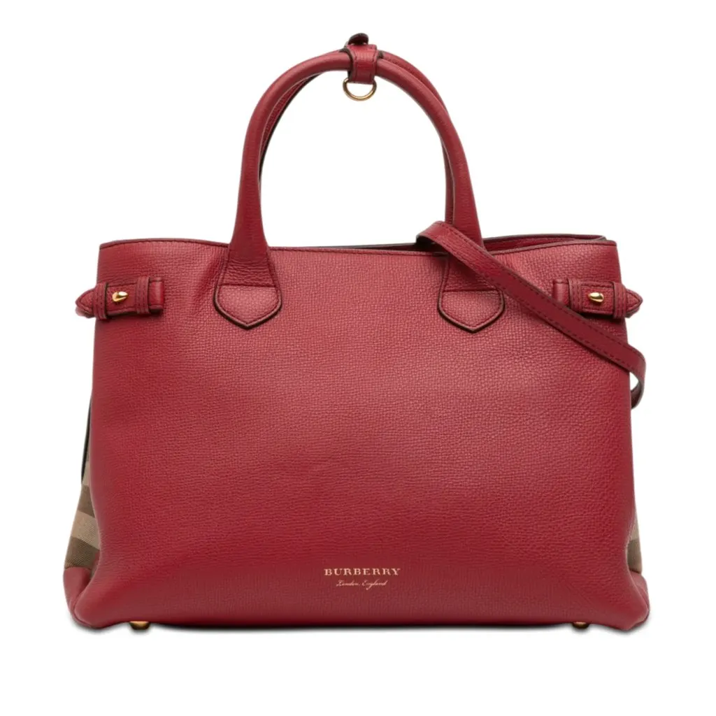 Burberry Medium Leather and House Check Banner Satchel Red Leather Very good - Front View