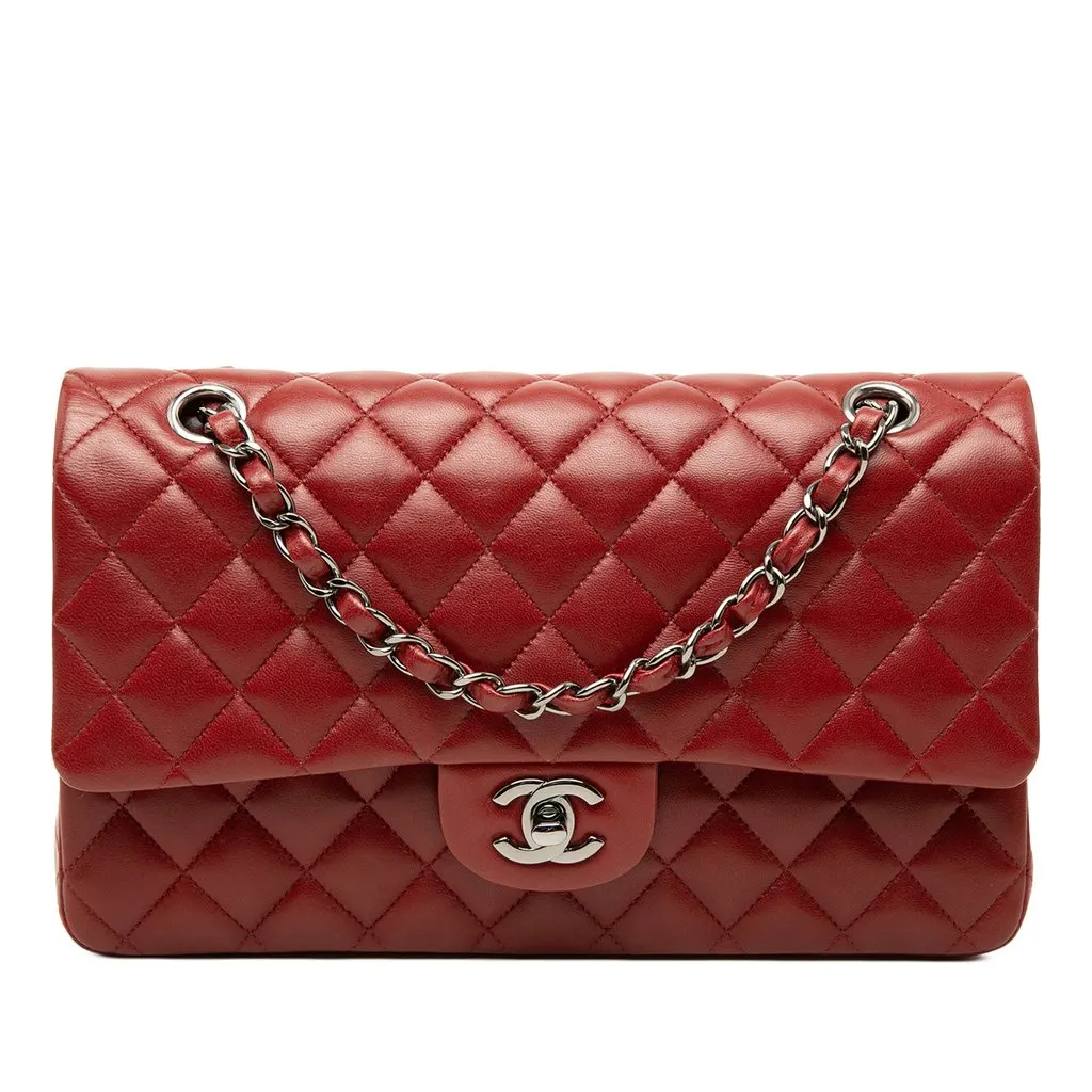 Chanel Medium Classic Lambskin Double Flap Red Leather Very good - Front View