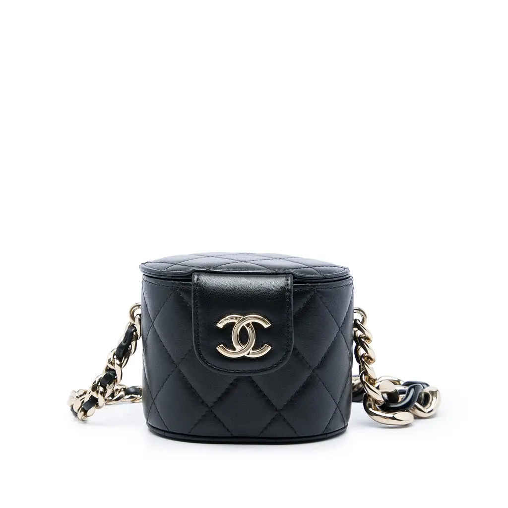 Chanel Mini Quilted Lambskin Round Vanity Case with Chain Black Leather Very good - Front View