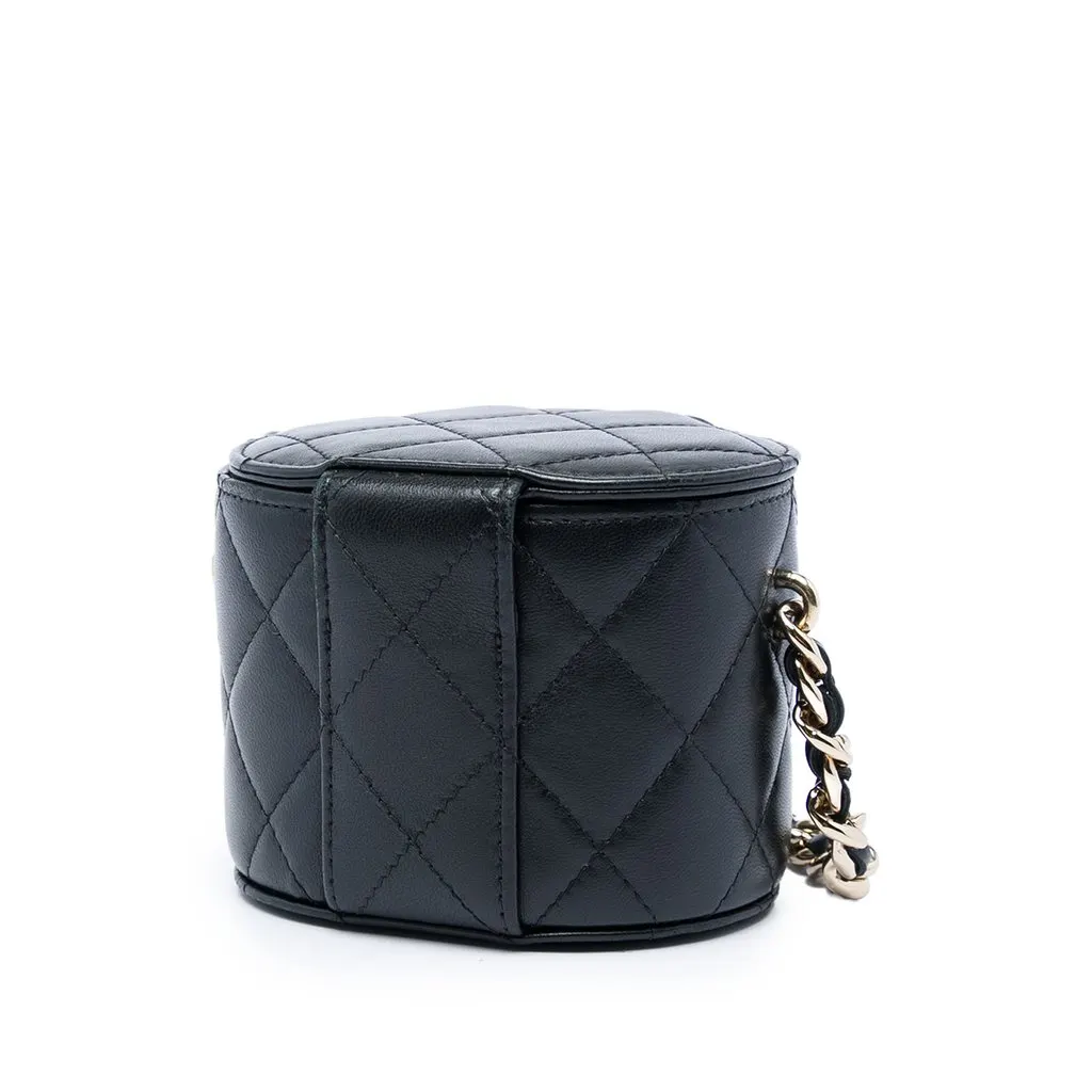 Chanel Mini Quilted Lambskin Round Vanity Case with Chain Black Leather Very good - Back View