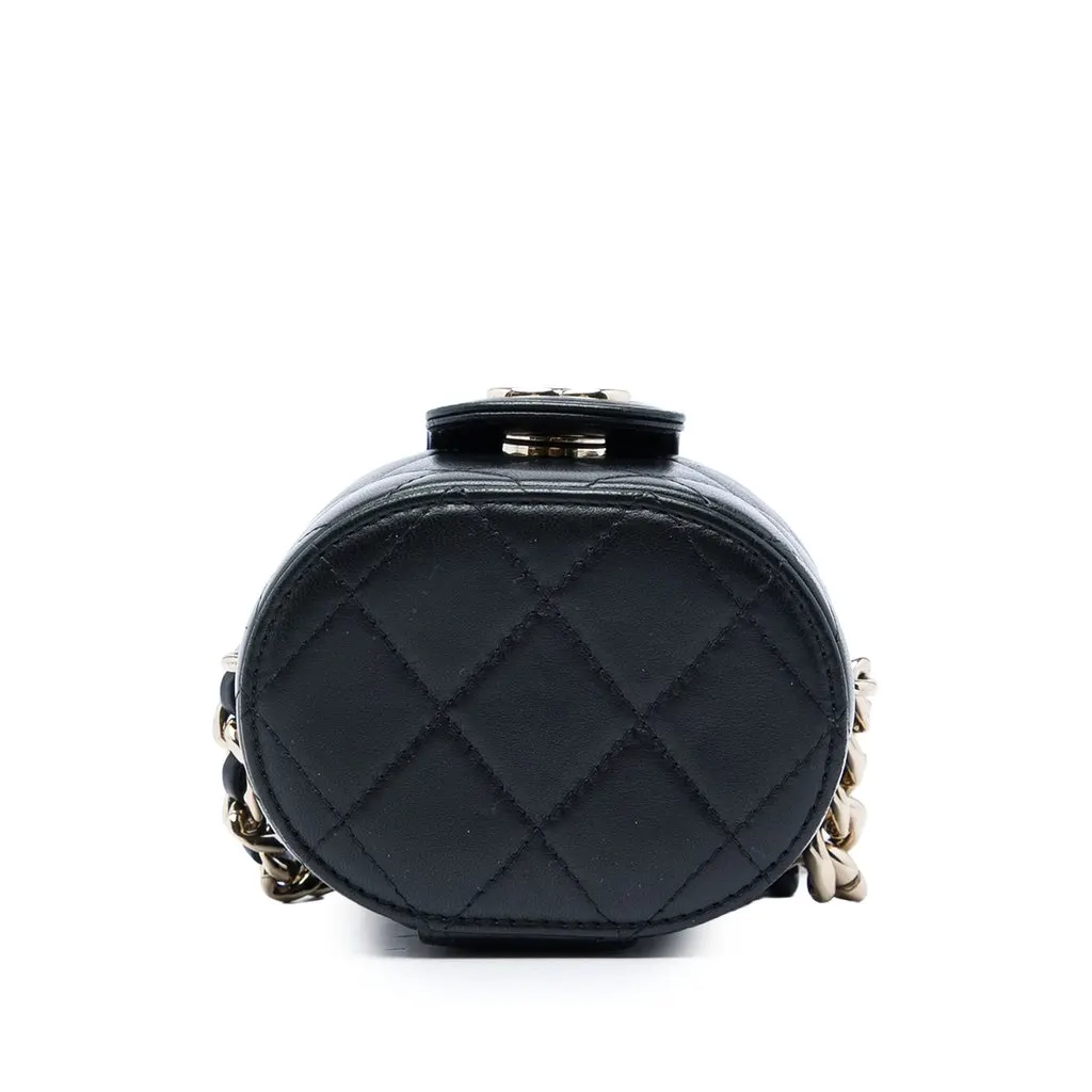 Chanel Mini Quilted Lambskin Round Vanity Case with Chain Black Leather Very good - Inside View