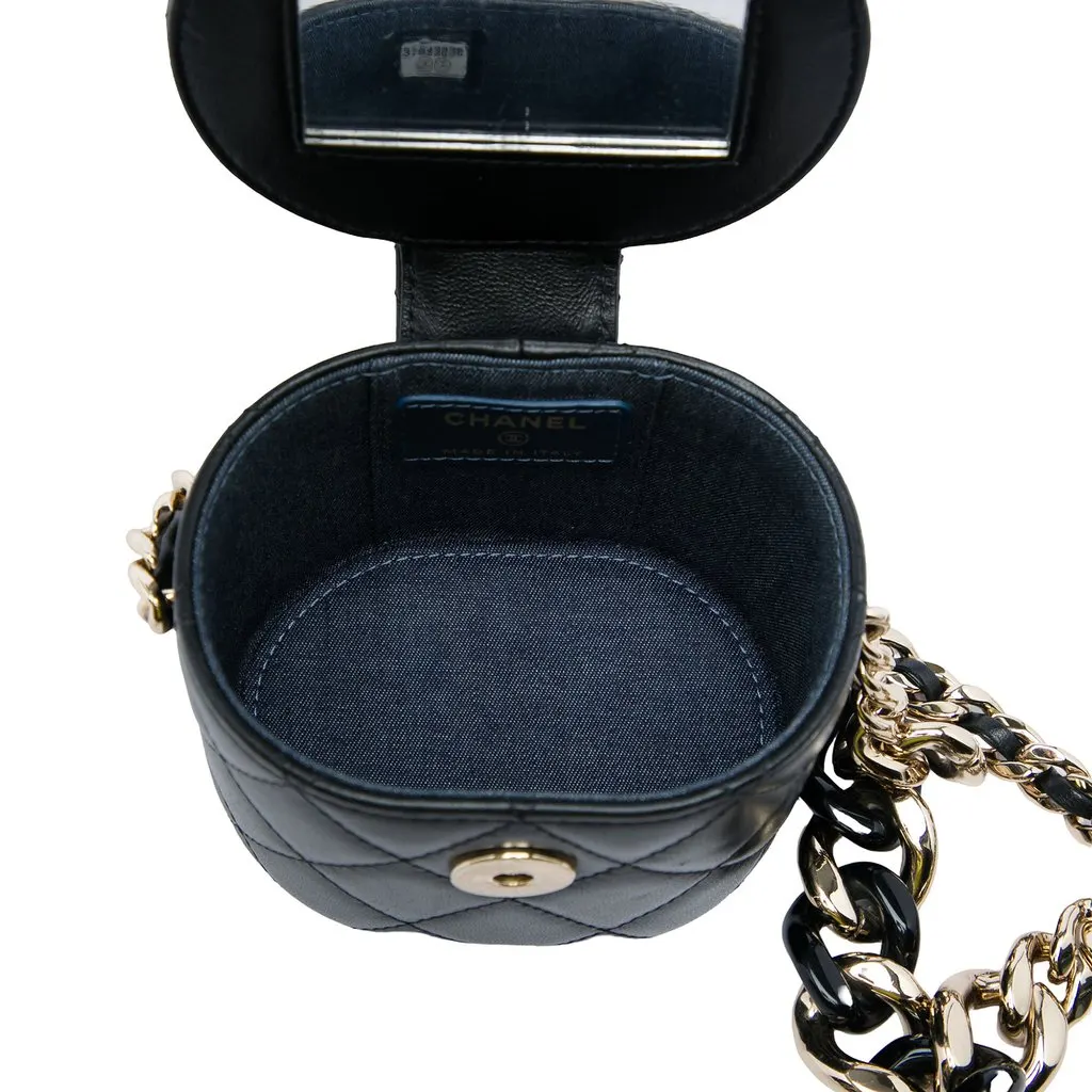 Chanel Mini Quilted Lambskin Round Vanity Case with Chain Black Leather Very good - Model View