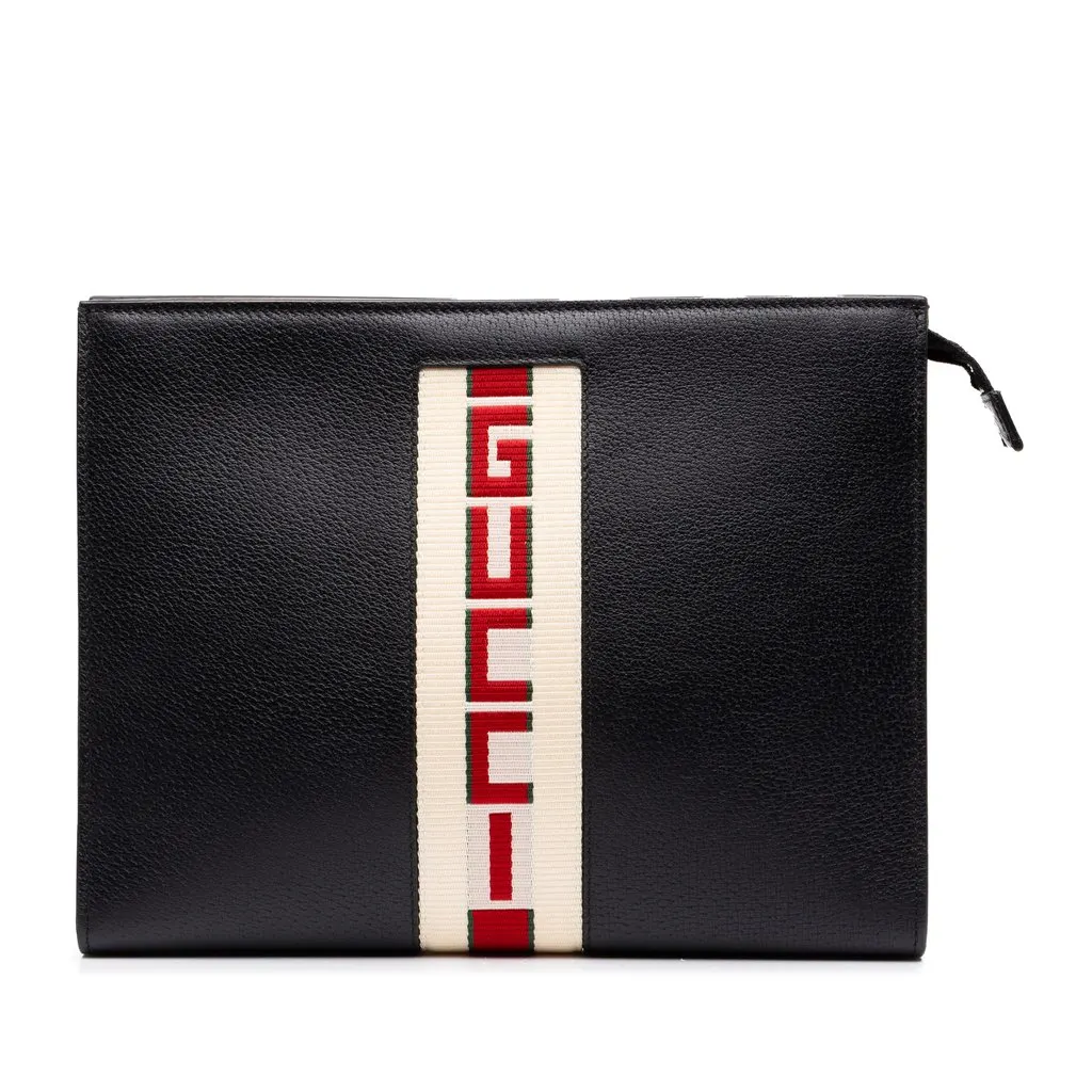 Gucci Calfskin Logo Stripe New Web Clutch Black Leather Very good - Front View
