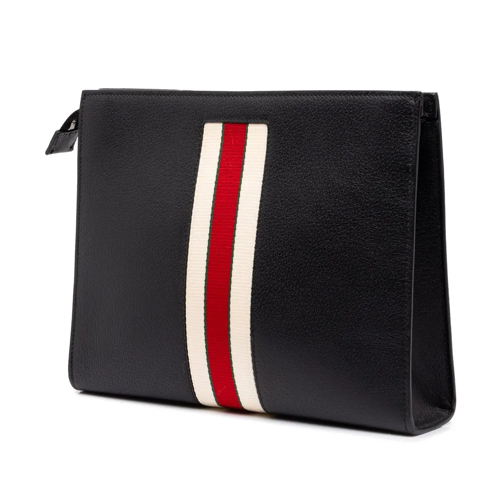 Gucci Calfskin Logo Stripe New Web Clutch Black Leather Very good - Back View