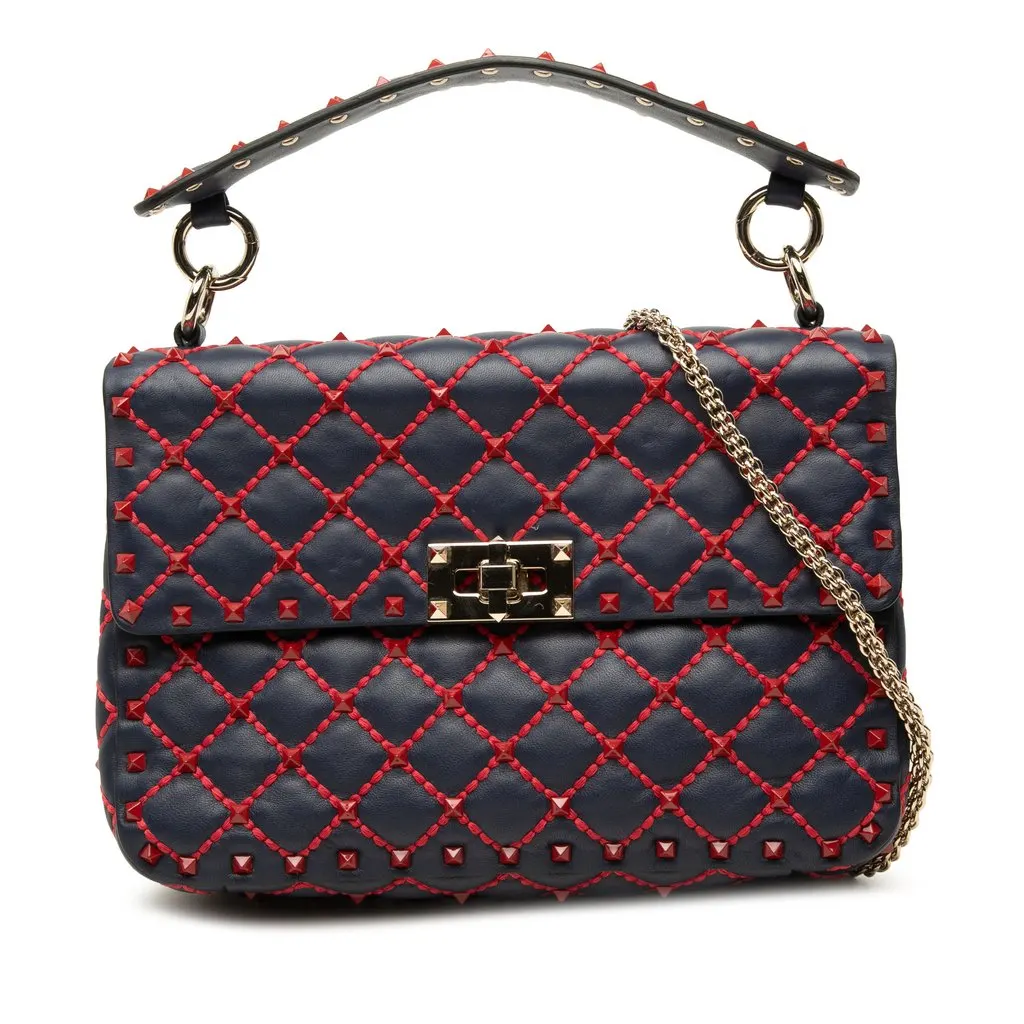 Valentino Medium Nappa Rockstud Spike Satchel Blue Leather Very good - Front View