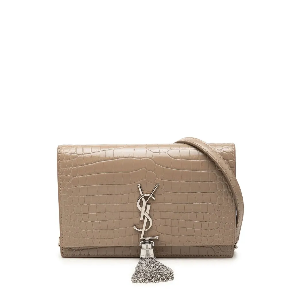 Saint Laurent Small Croc Embossed Leather Monogram Kate Tassel Crossbody Brown Leather Good - Front View