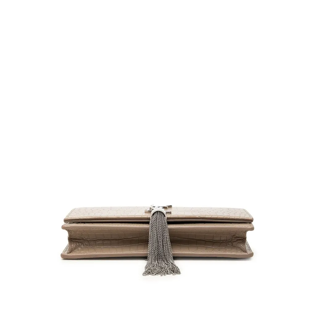 Saint Laurent Small Croc Embossed Leather Monogram Kate Tassel Crossbody Brown Leather Good - Inside View