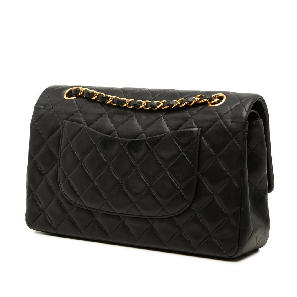 Chanel Medium Classic Lambskin Double Flap Black Leather Good - Back View