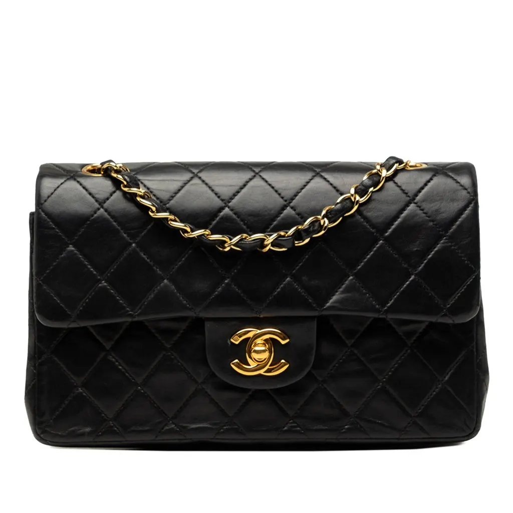 Chanel Small Classic Lambskin Double Flap Black Leather Good - Front View