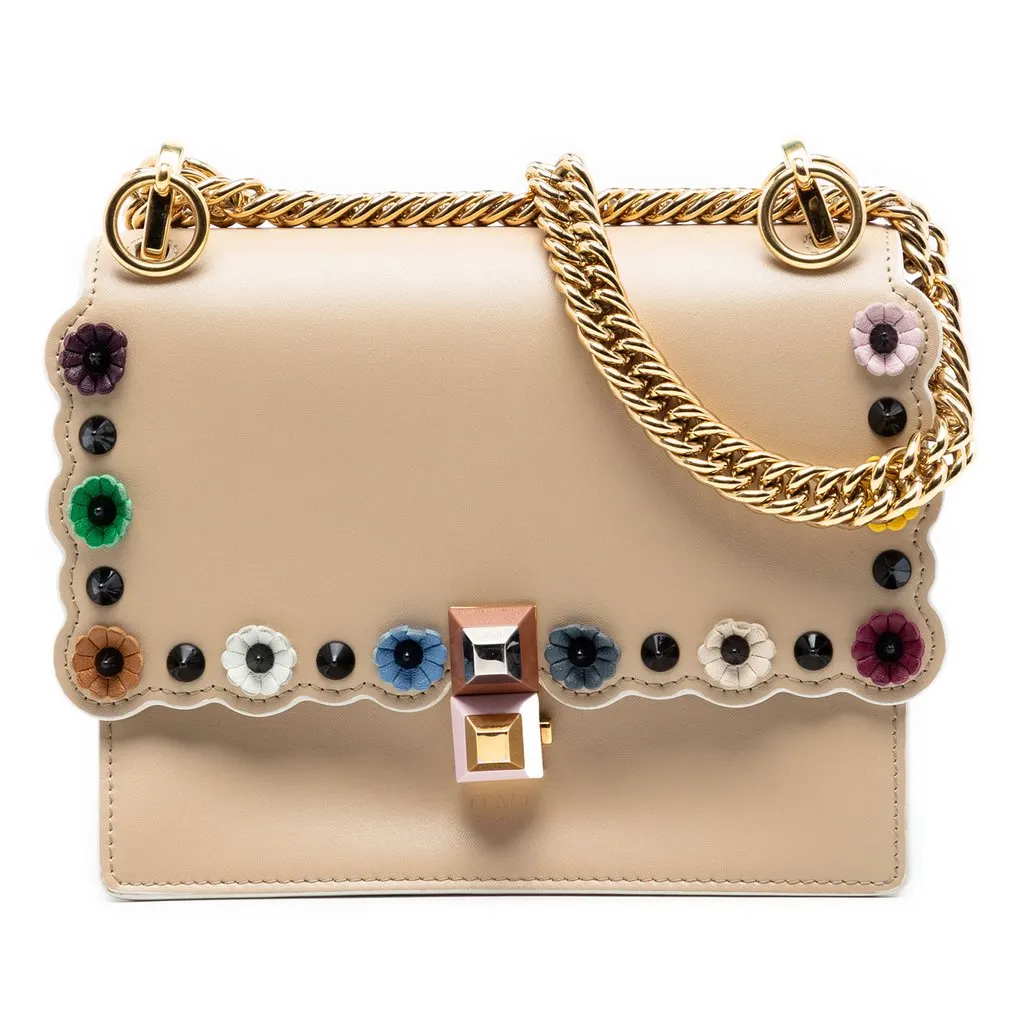Fendi Mini Scalloped Leather and Studded Floral Kan I Crossbody Beige Leather Very good - Front View