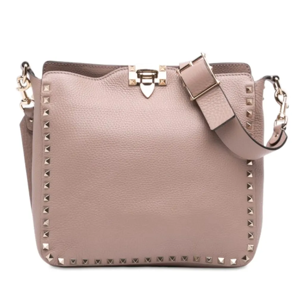 Valentino Small Grainy Calfskin Rockstud Flip Lock Messenger Bag Brown Leather Very good - Front View