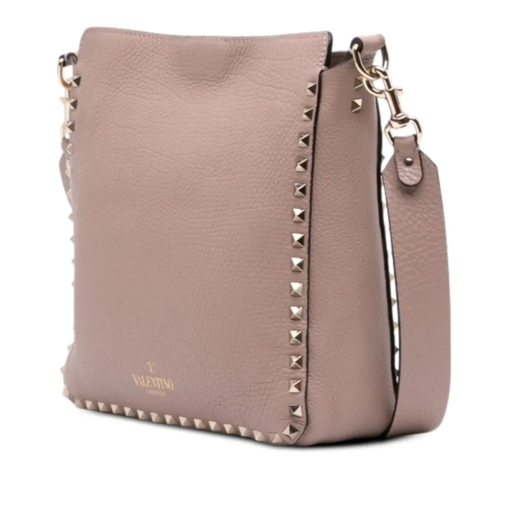 Valentino Small Grainy Calfskin Rockstud Flip Lock Messenger Bag Brown Leather Very good - Back View