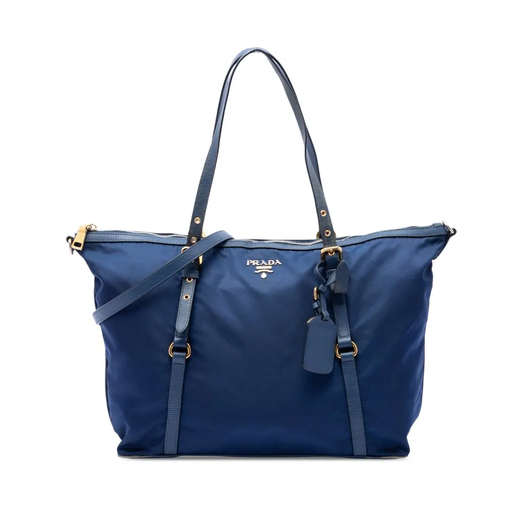 Prada Saffiano Trimmed Tessuto Zip Top Convertible Tote Blue Polyamide Good - Front View