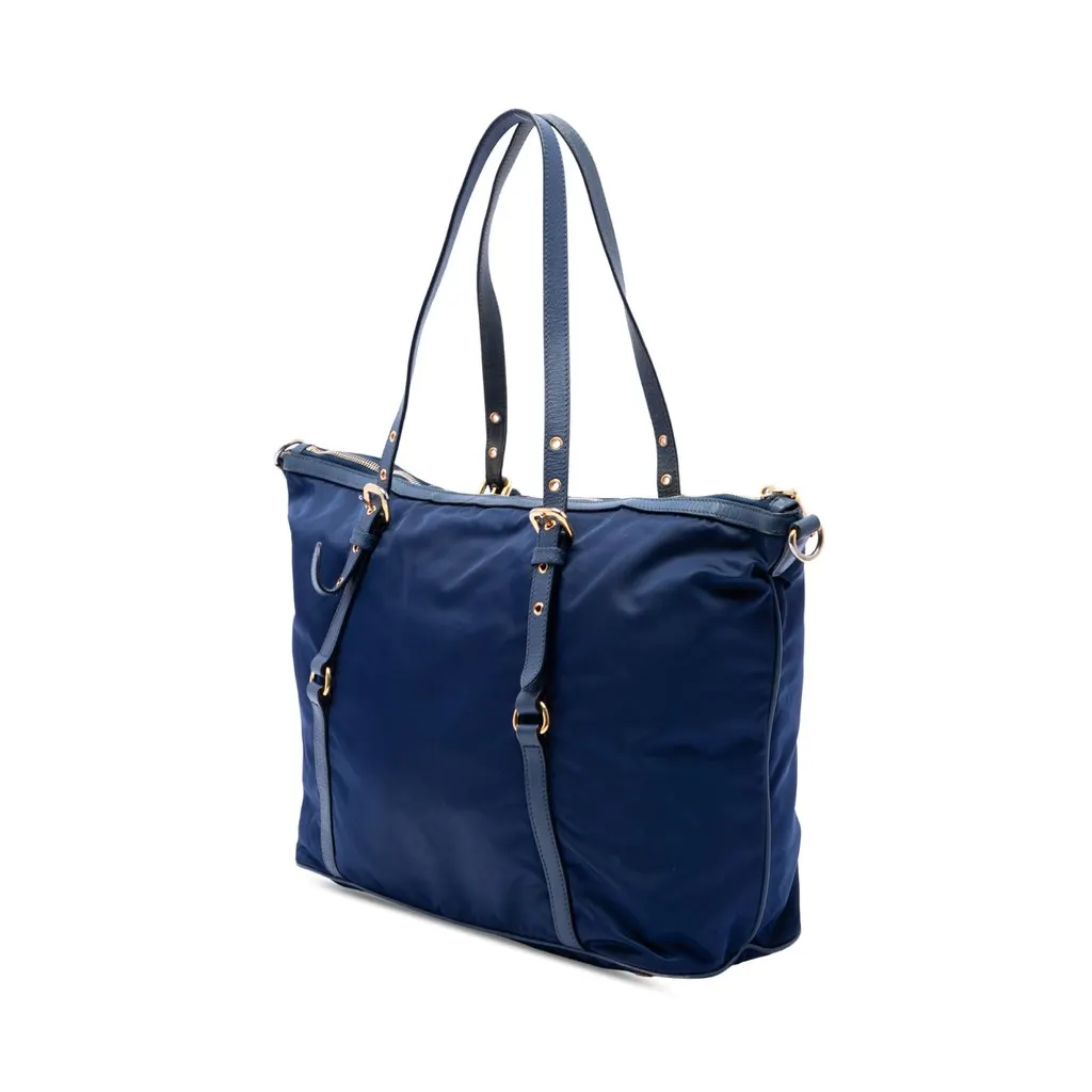 Prada Saffiano Trimmed Tessuto Zip Top Convertible Tote Blue Polyamide Good - Back View