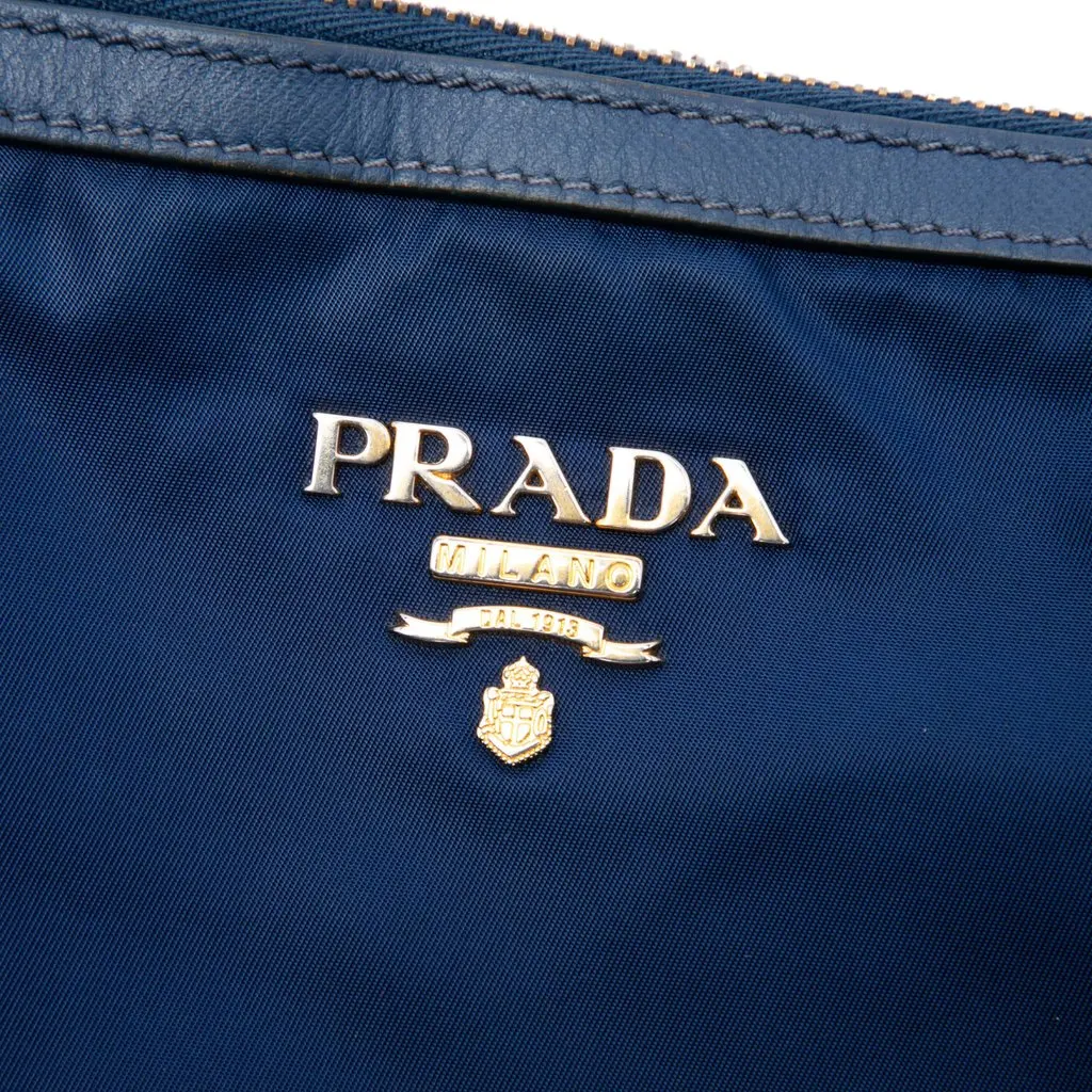 Prada Saffiano Trimmed Tessuto Zip Top Convertible Tote Blue Polyamide Good - Box View
