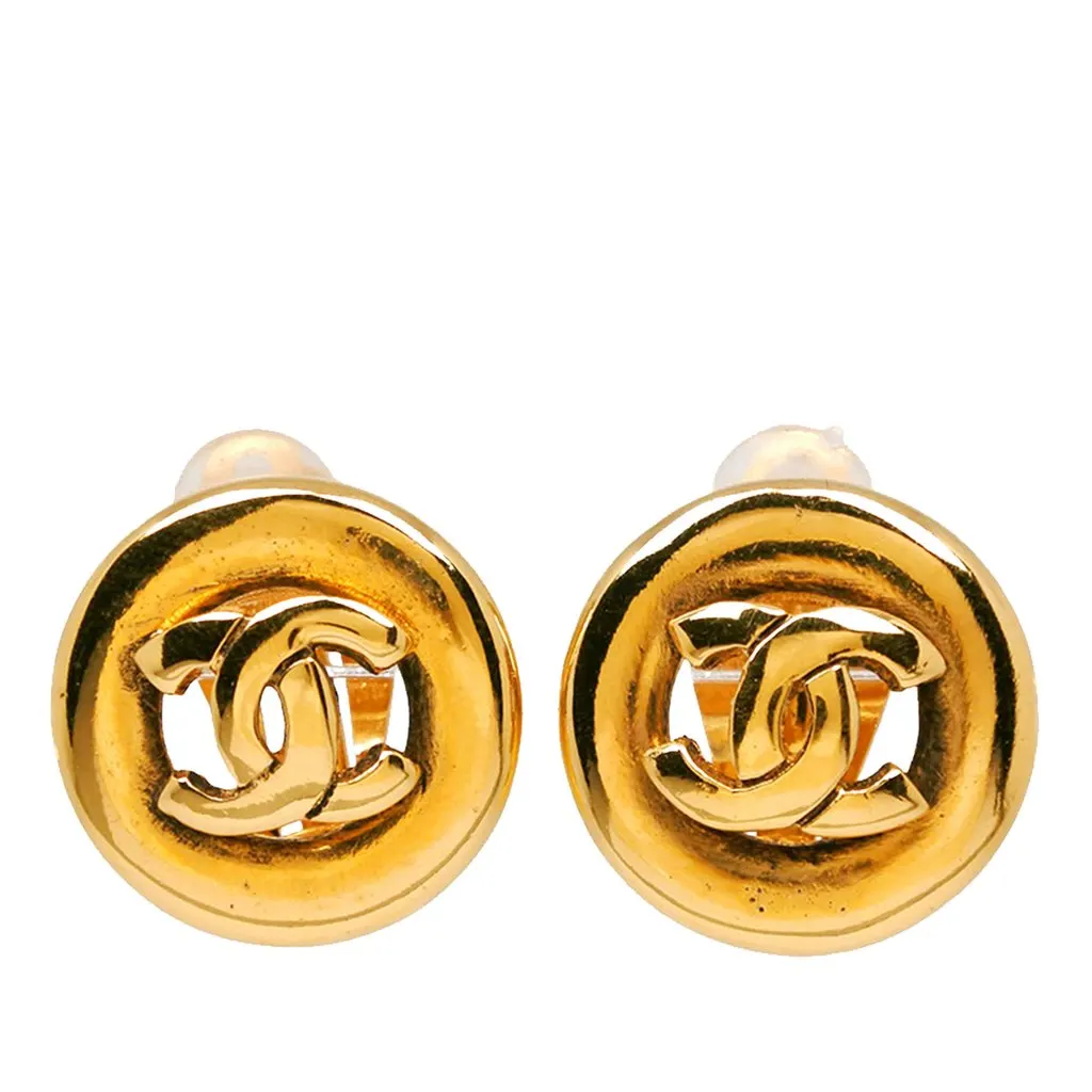 Chanel CC Gold Plated Round Clip On Earrings Gold Metal Very good - Front View