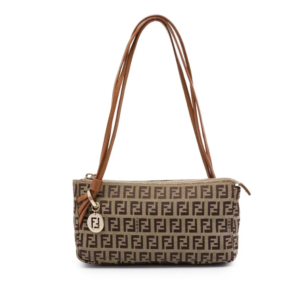 Fendi Zucchino Canvas Triple Strap Pochette Shoulder Bag Brown Canvas Good - Front View