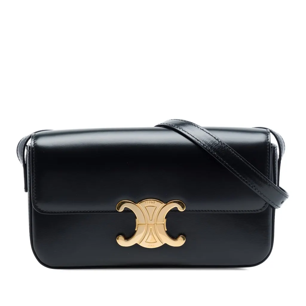 Celine Shiny Calfskin Triomphe Claude Shoulder Bag Black Leather Good - Front View