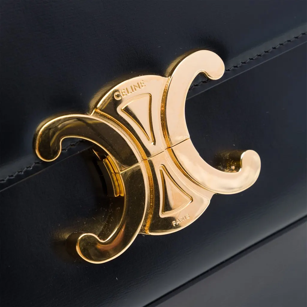 Celine Shiny Calfskin Triomphe Claude Shoulder Bag Black Leather Good - Box View