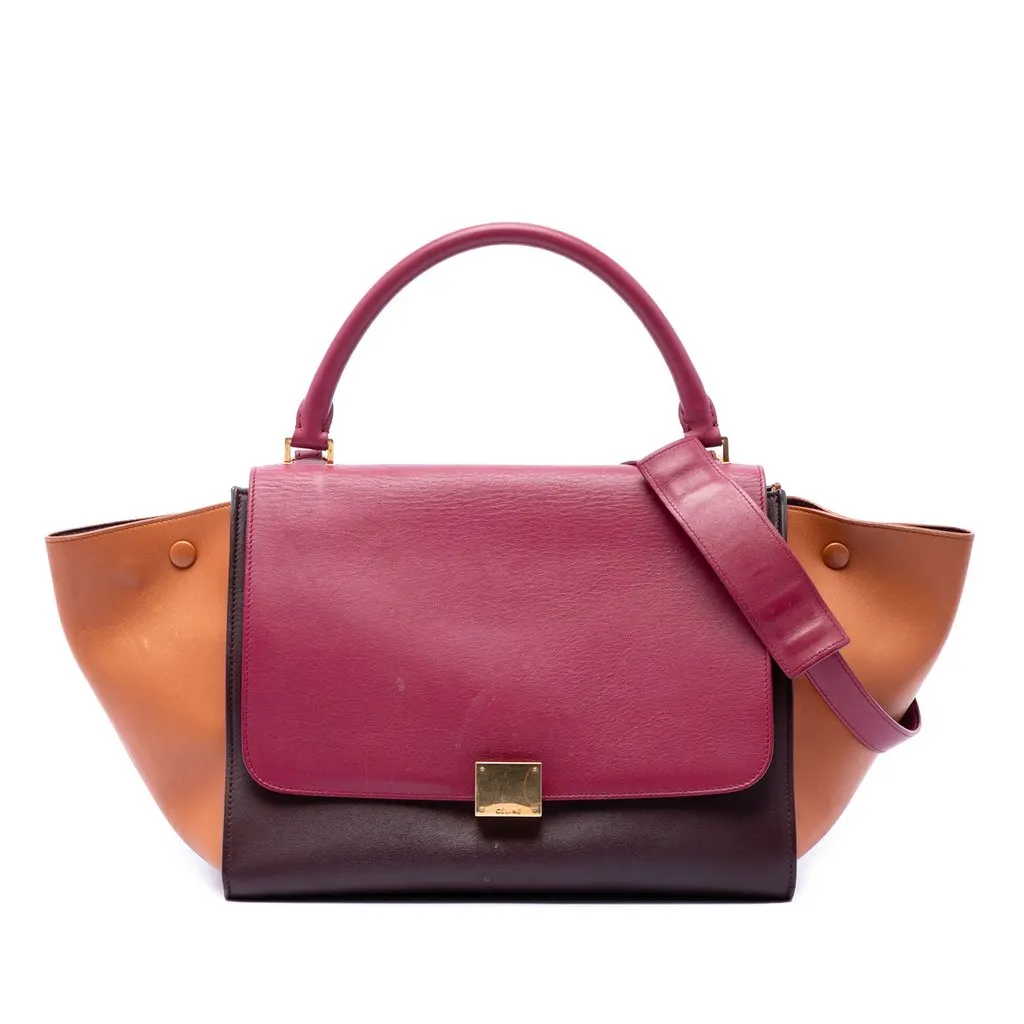 Celine Medium Tricolor Leather Trapeze Satchel Red Leather Very good - Front View