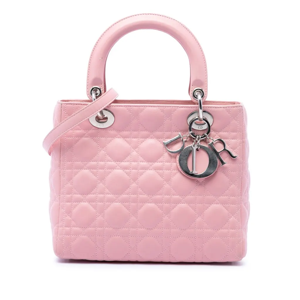 Dior Medium Lambskin Cannage Lady Dior Pink Leather Very good - Front View