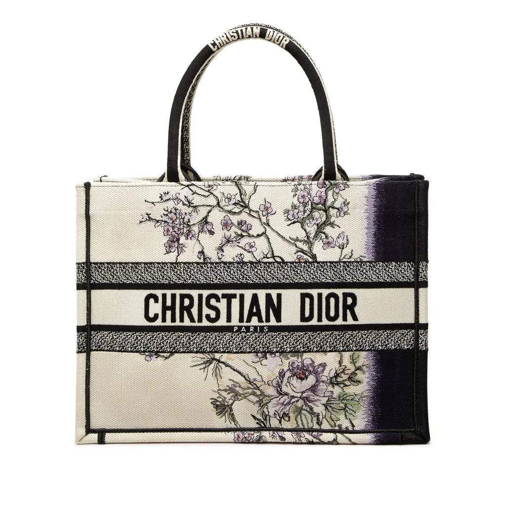 Dior Medium Canvas Floral Embroidered Book Tote White Very good - Front View