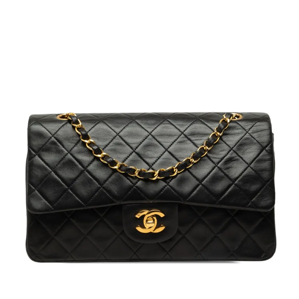 Chanel Medium Classic Lambskin Double Flap Black Leather Good - Front View