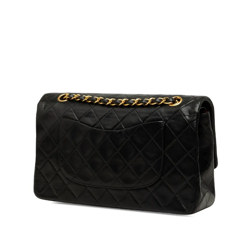 Chanel Medium Classic Lambskin Double Flap Black Leather Good - Back View