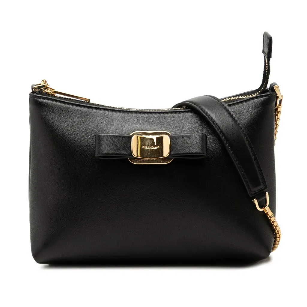 Ferragamo Mini Leather Vara Bow Chain Crossbody Black Leather Very good - Front View