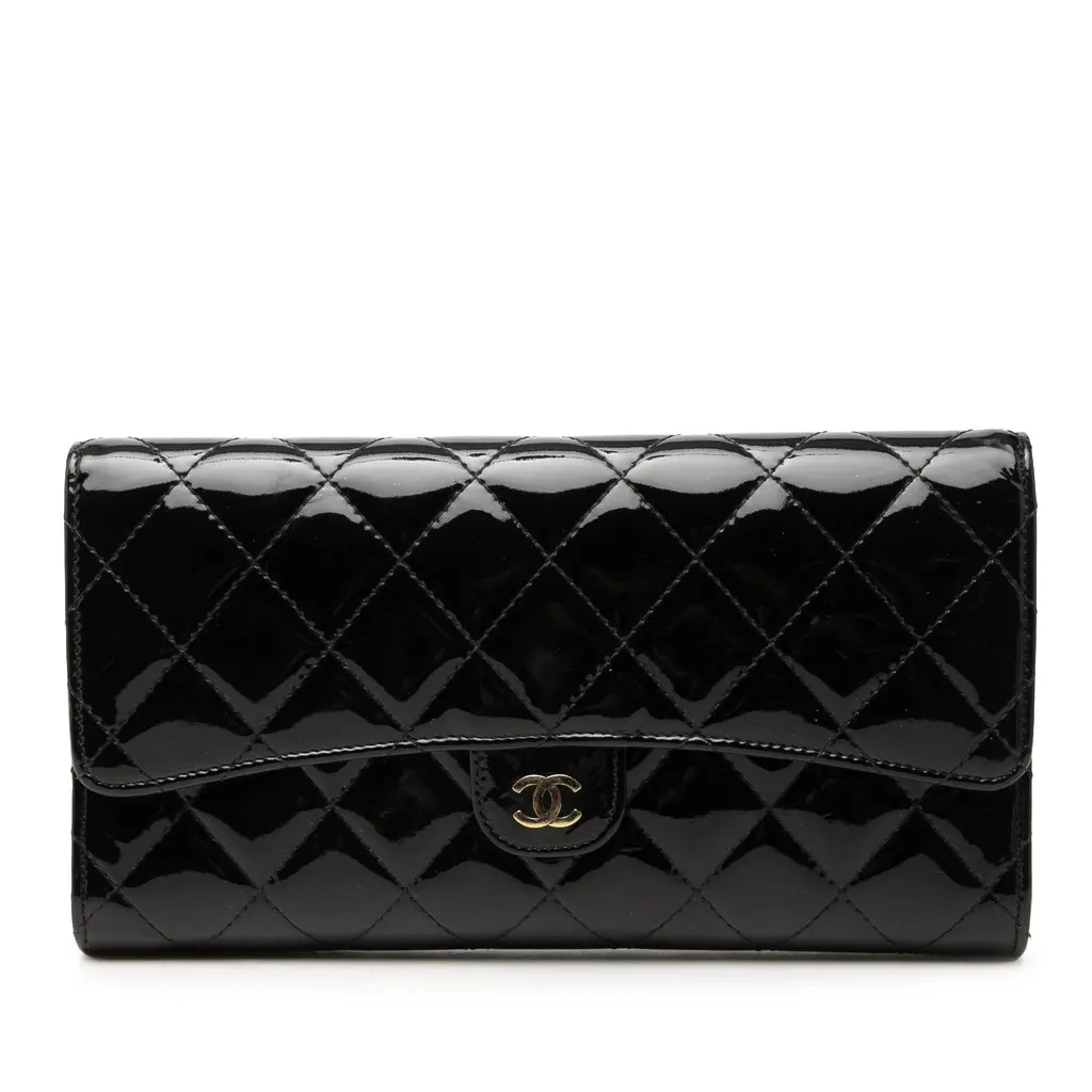 Chanel CC Quilted Patent Classic Flap Long Wallet Black Leather Very good - Front View
