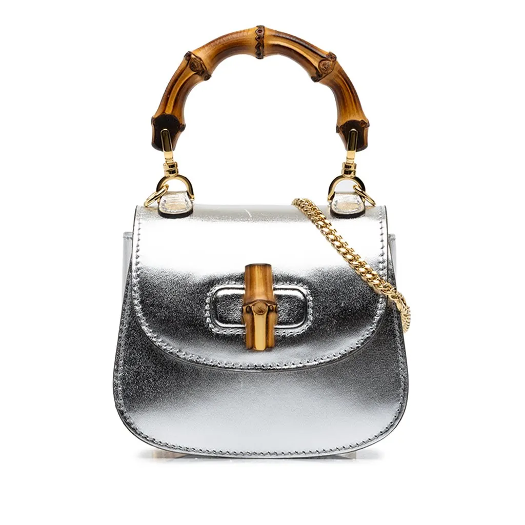 Gucci Nano Metallic Calfskin 1947 Bamboo Top Handle Bag Silver Leather Good - Front View
