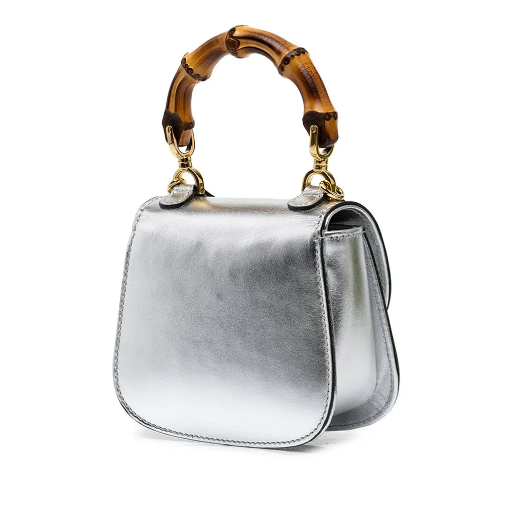 Gucci Nano Metallic Calfskin 1947 Bamboo Top Handle Bag Silver Leather Good - Back View