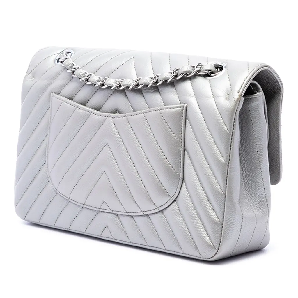 Chanel Medium Classic Chevron Caviar Double Flap Silver Leather Very good - Back View