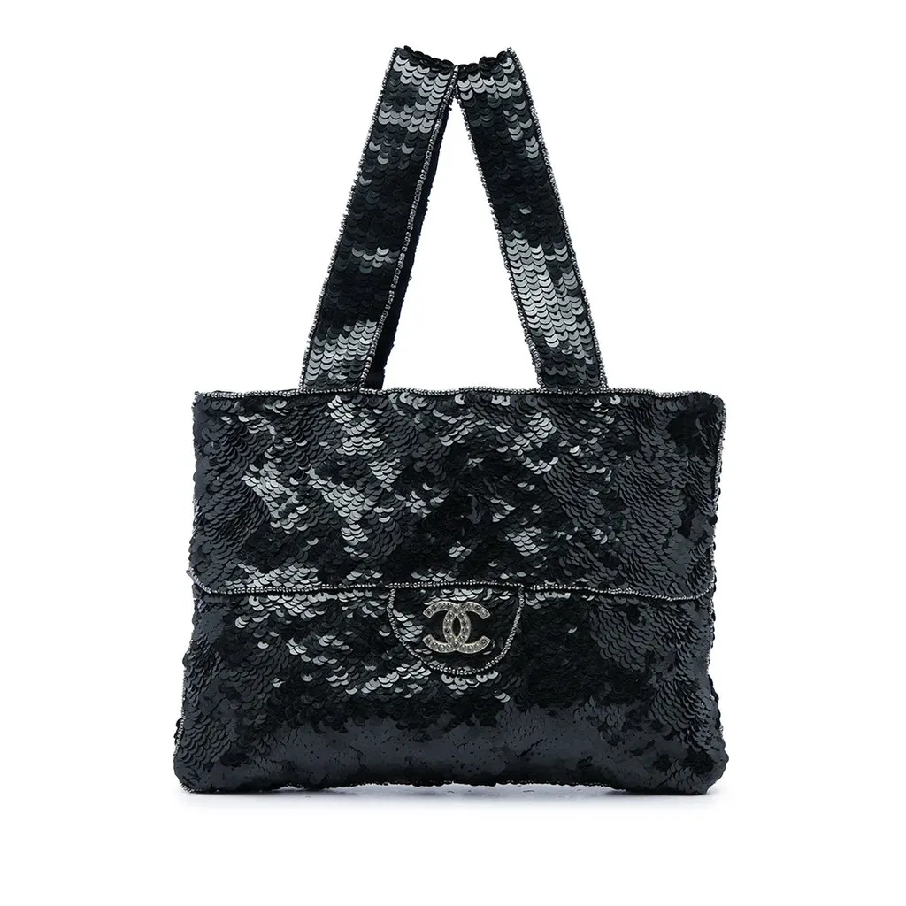 Chanel Mini Sequins Trompe L oeil Evening Tote Black Very good - Front View