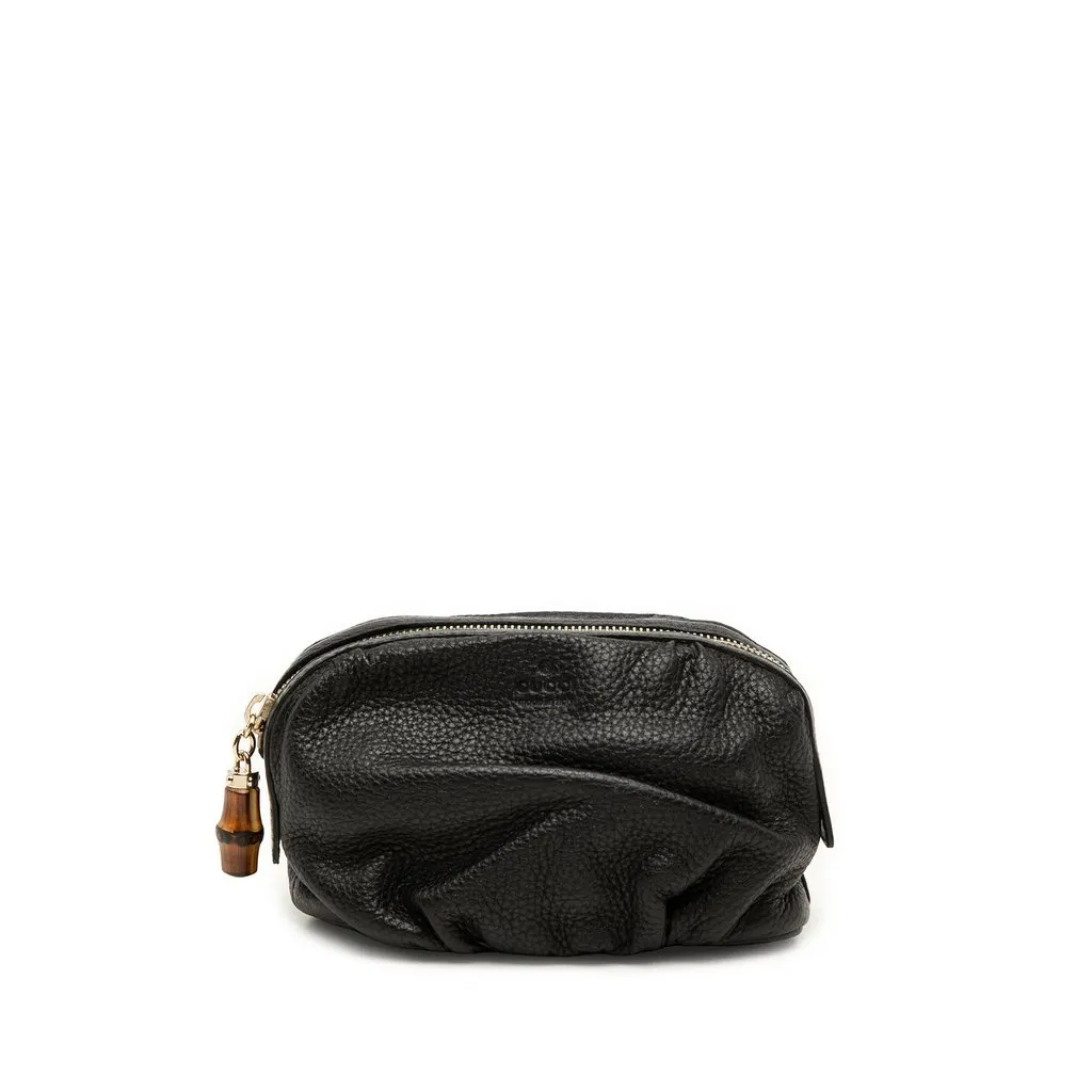 Gucci Calfskin Bamboo Cosmetic Pouch Black Leather Very good - Front View