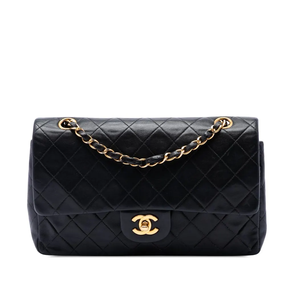 Chanel Medium Classic Lambskin Double Flap Black Leather Very good - Front View