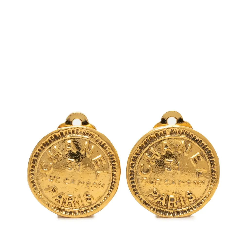 Chanel Gold Plated 31 Rue Cambon Round Clip On Earrings Gold Metal Very good - Front View
