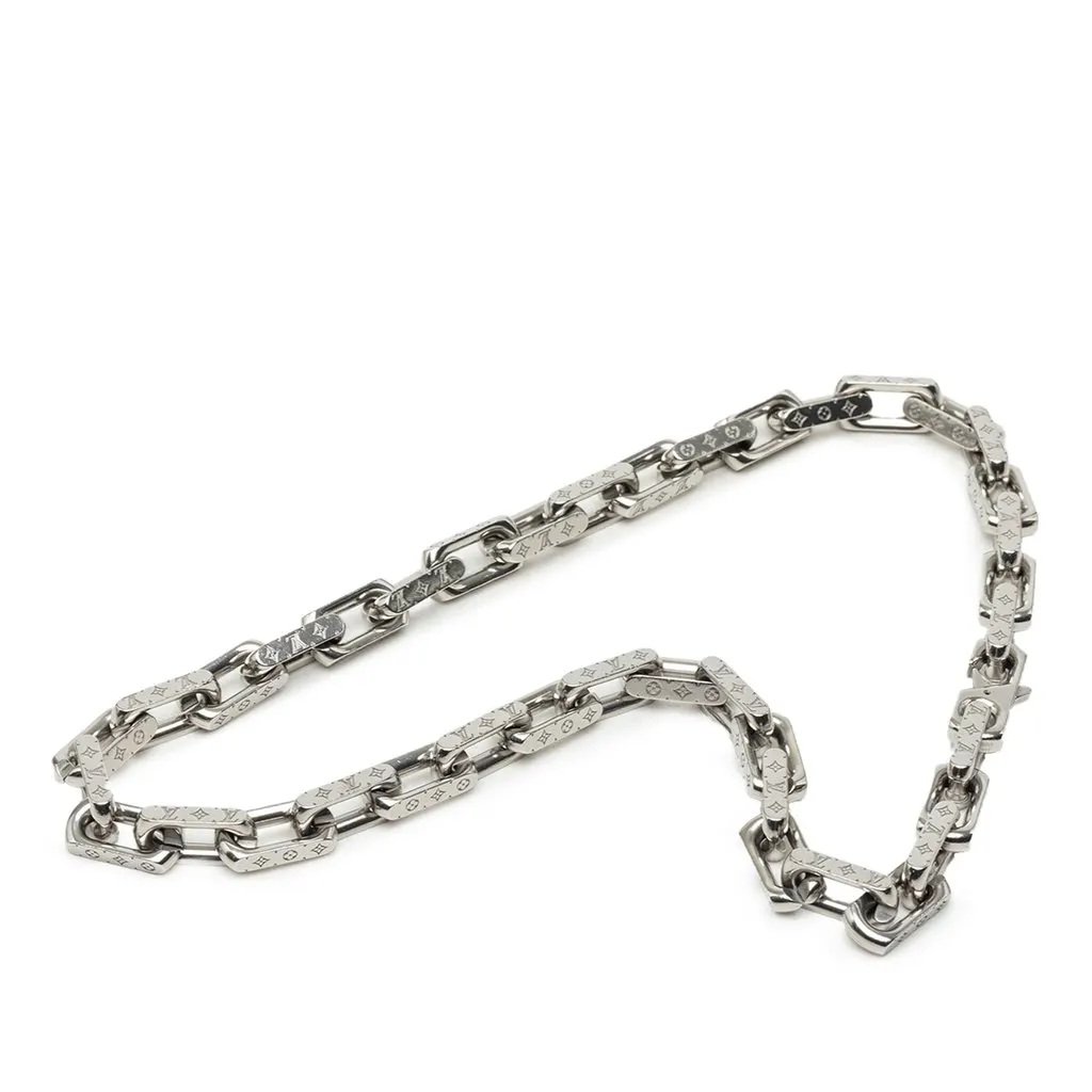 Louis Vuitton Stainless Steel Monogram Chain Necklace Silver Stainless steel Very good - Front View