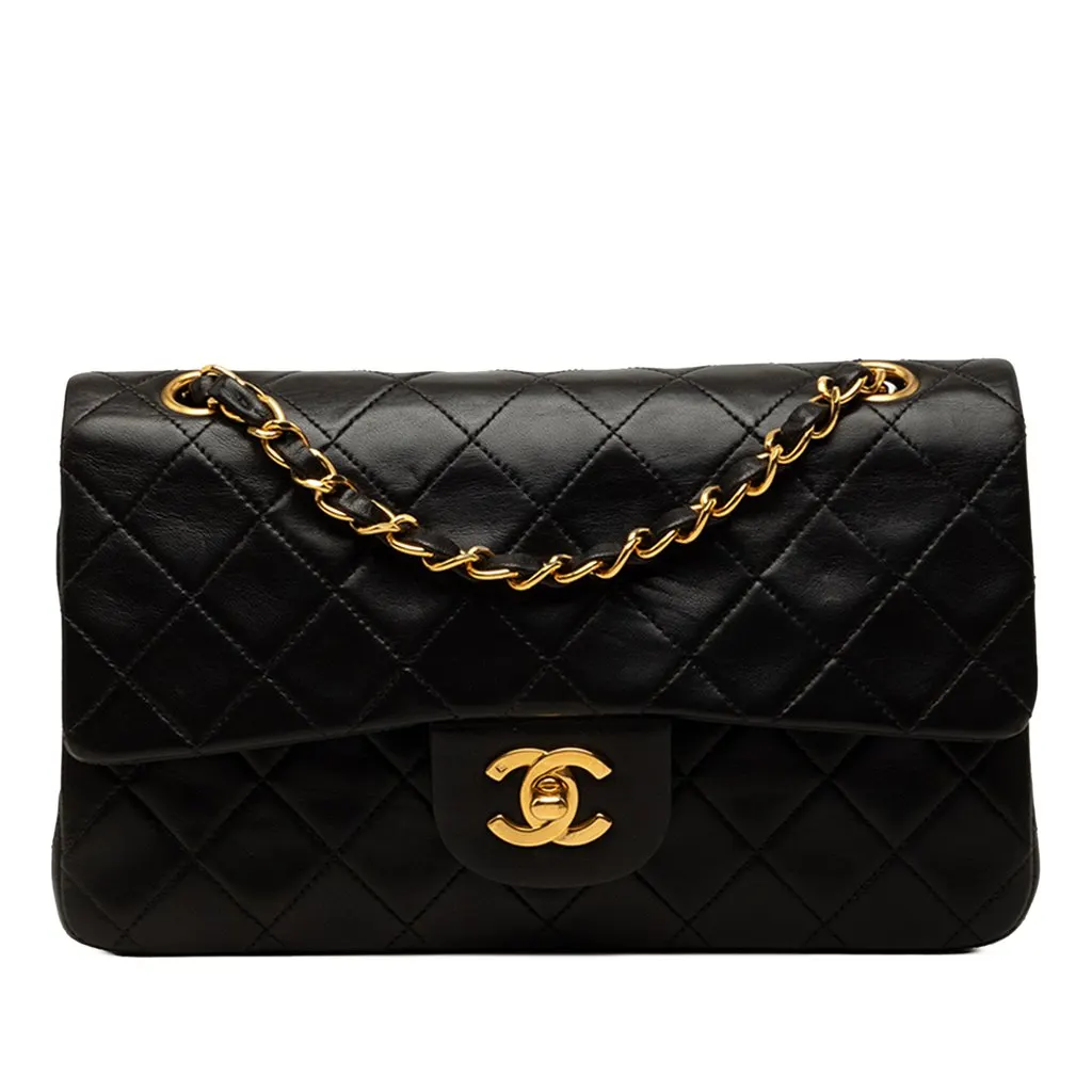 Chanel Small Classic Lambskin Double Flap Black Leather Very good - Front View