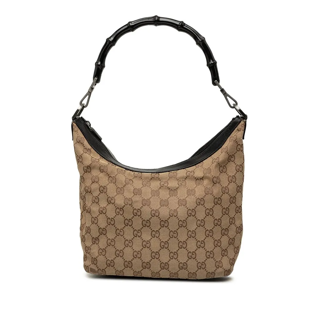 Gucci GG Canvas Bamboo Shoulder Bag Beige Canvas Good - Front View