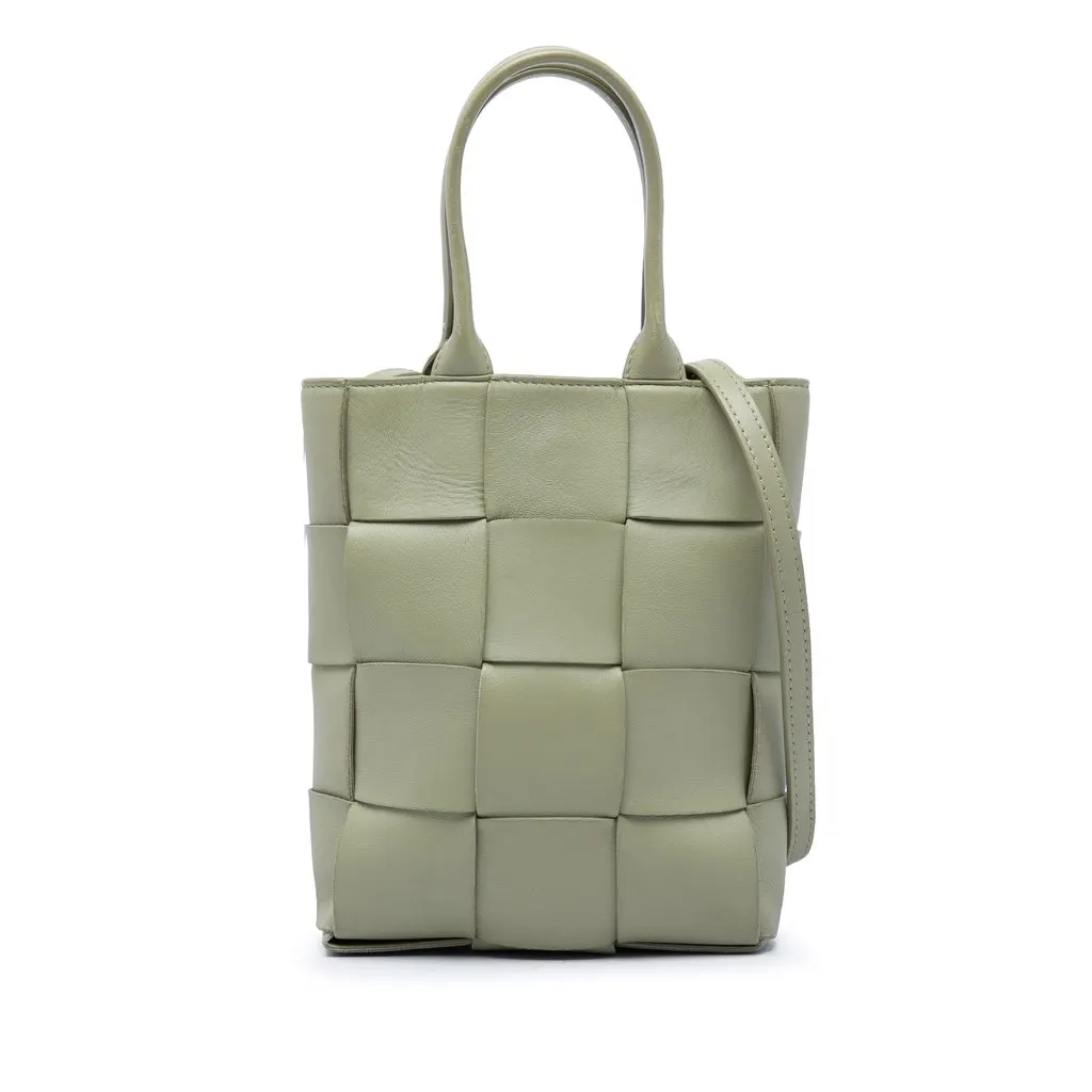 Bottega Veneta Mini Maxi Nappa Intrecciato North South Cassette Tote Green Leather Very good - Front View