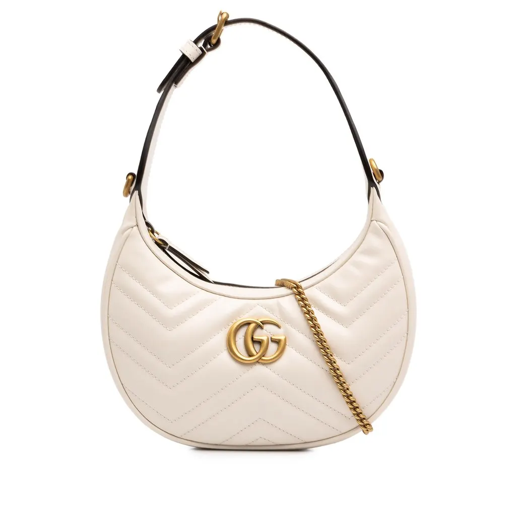 Gucci Mini GG Marmont Matelasse Calfskin Half Moon Bag White Leather Very good - Front View