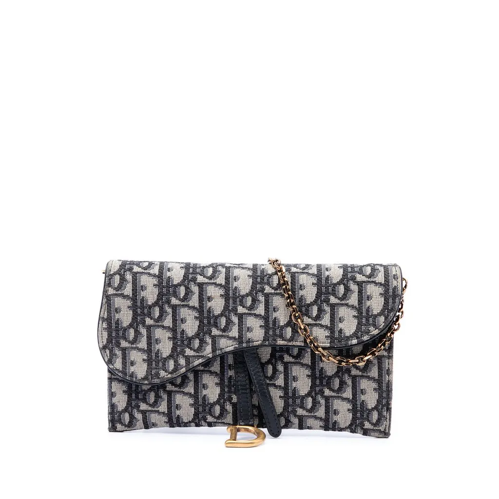 Dior Oblique Canvas Saddle Wallet On Chain Blue Canvas Very good - Front View